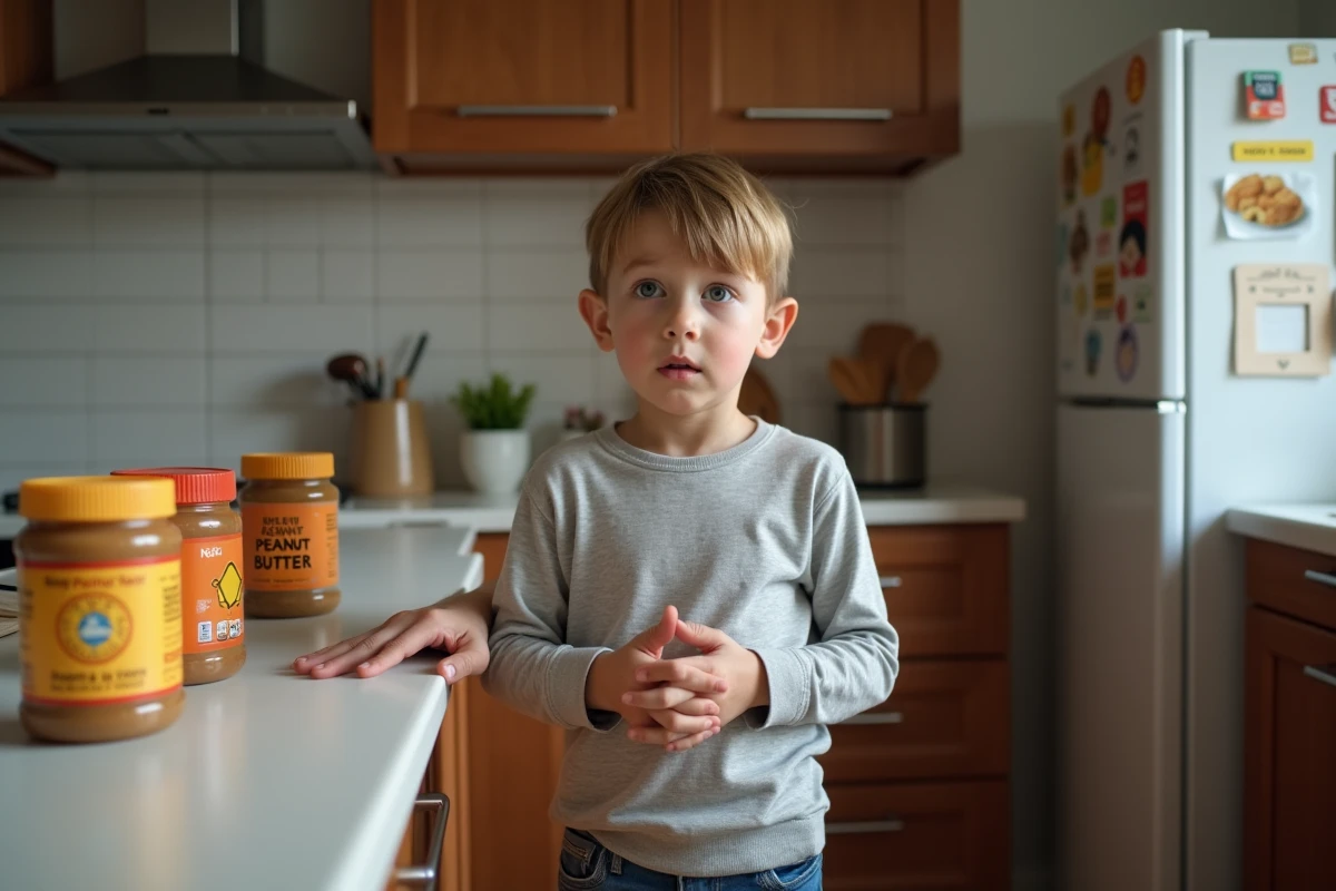 Jeune garçon inquiet dans une cuisine avec allergènes visibles