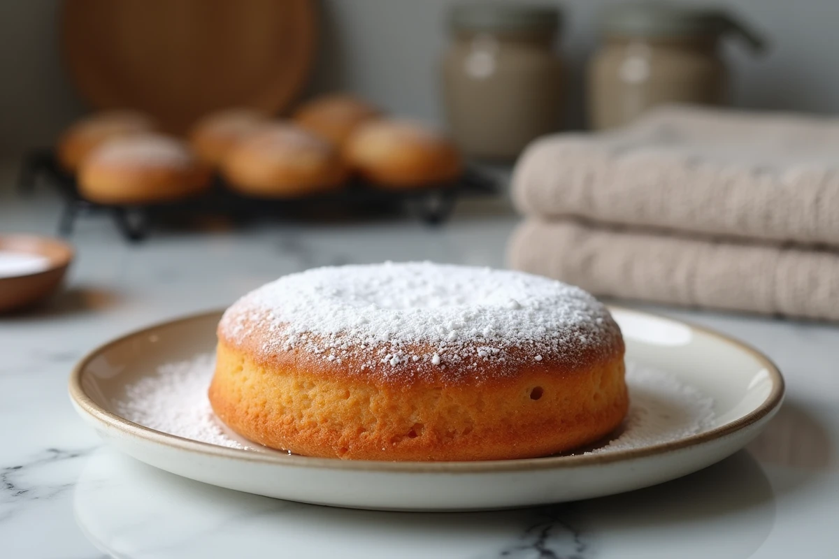 Gâteau maison recouvert d'une couche uniforme de sucre glace sur une assiette en céramique posée sur marbre