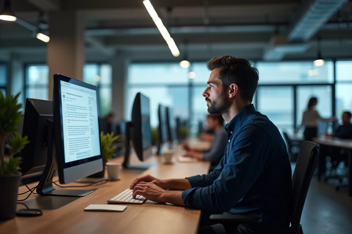 Homme gérant ses emails sur une interface webmail dans un espace de coworking moderne