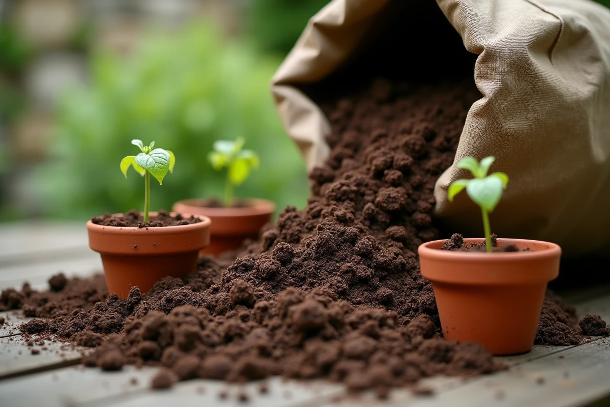 Gros plan sur du fumier de cheval versé sur la terre autour de jeunes plants de tomates en pot