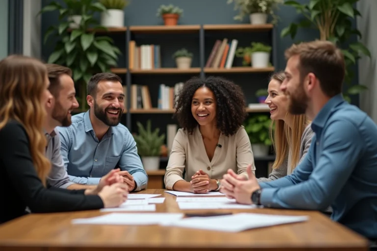 Groupe d'entrepreneurs en discussion dans un espace coworking