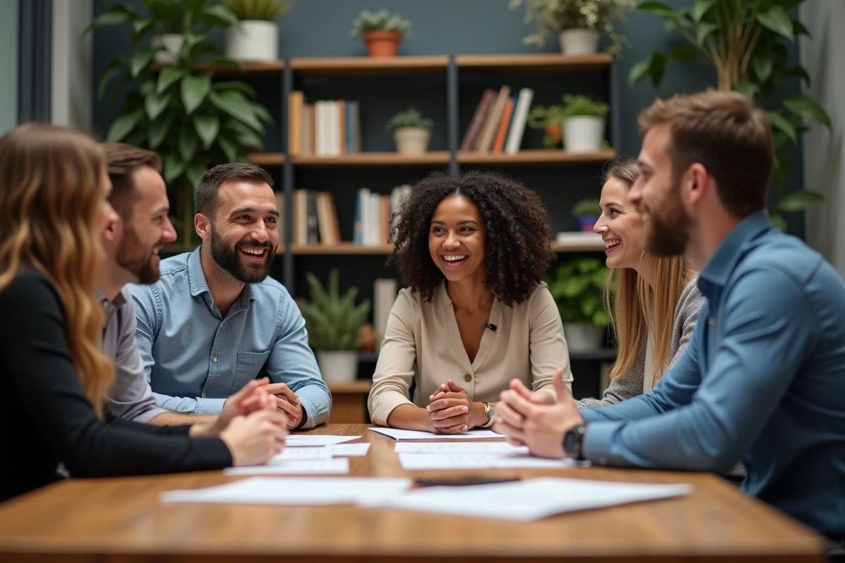 Groupe d'entrepreneurs en discussion dans un espace coworking