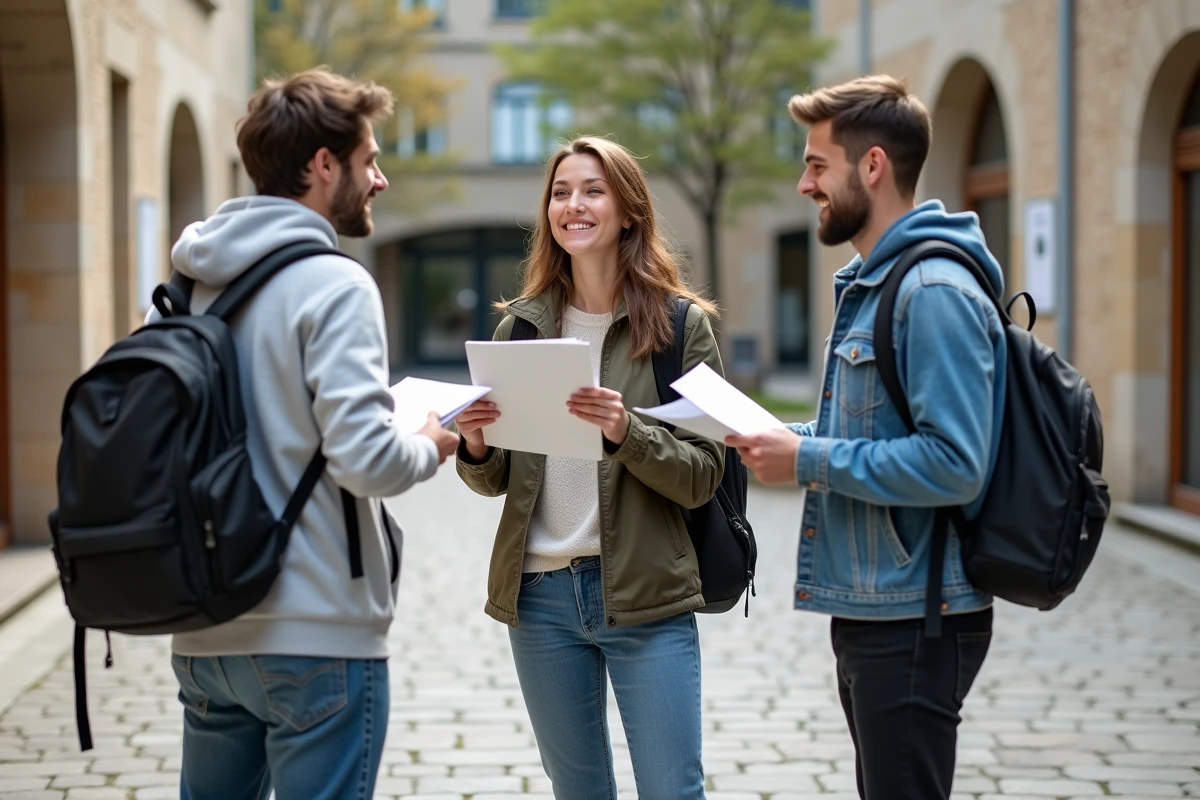 Groupe d'étudiants discutant de leurs niveaux L1 L2 L3 dans la cour d'une université française