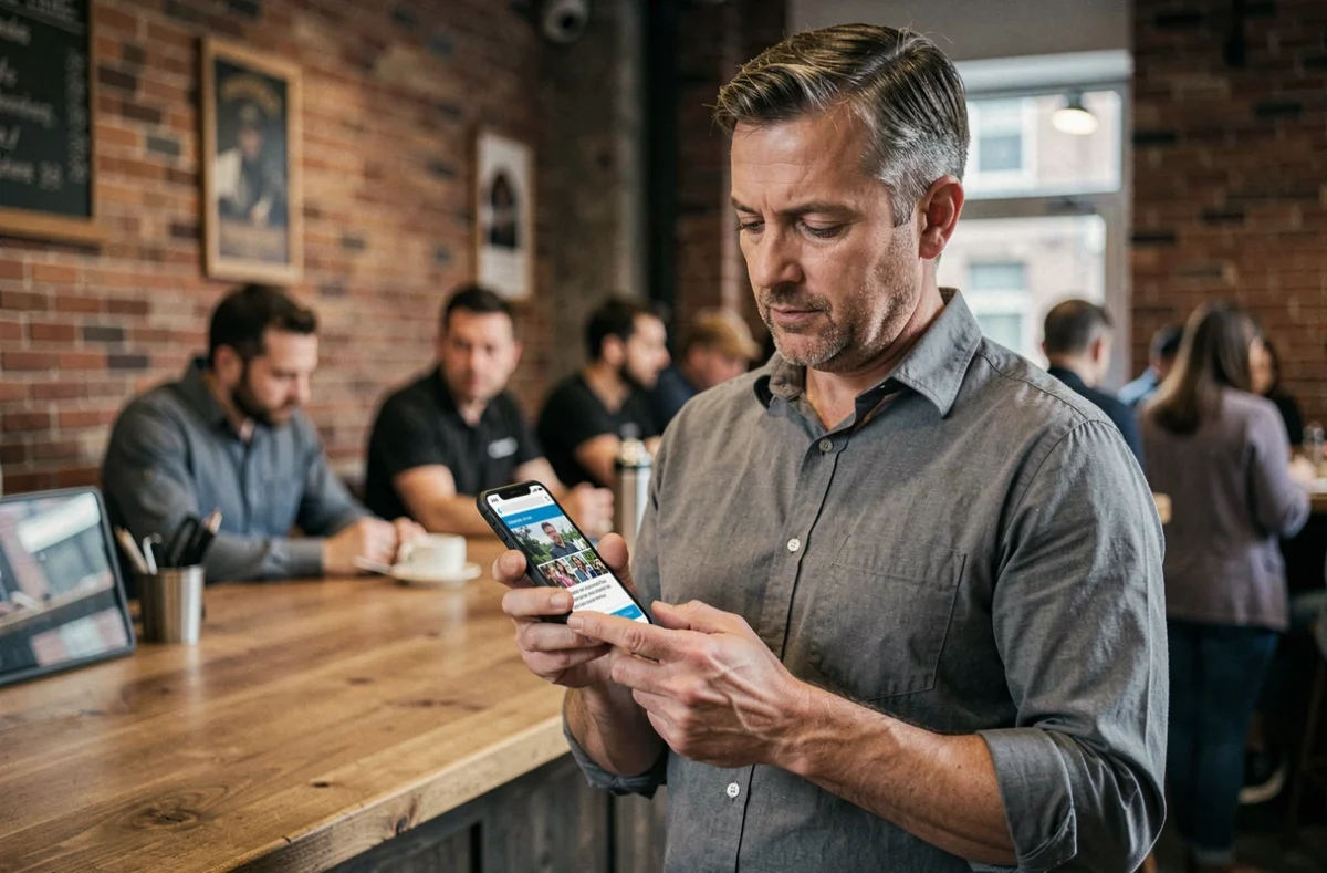 Homme lisant les tendances de l'actualité numérique sur smartphone dans un café urbain contemporain
