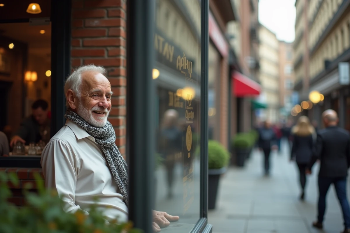 Homme albinos souriant dans un café en ville avec reflet dans la vitre