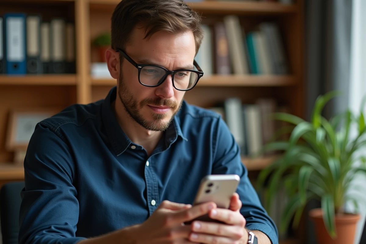 Homme consultant un annuaire téléphonique sur son smartphone depuis son bureau à domicile