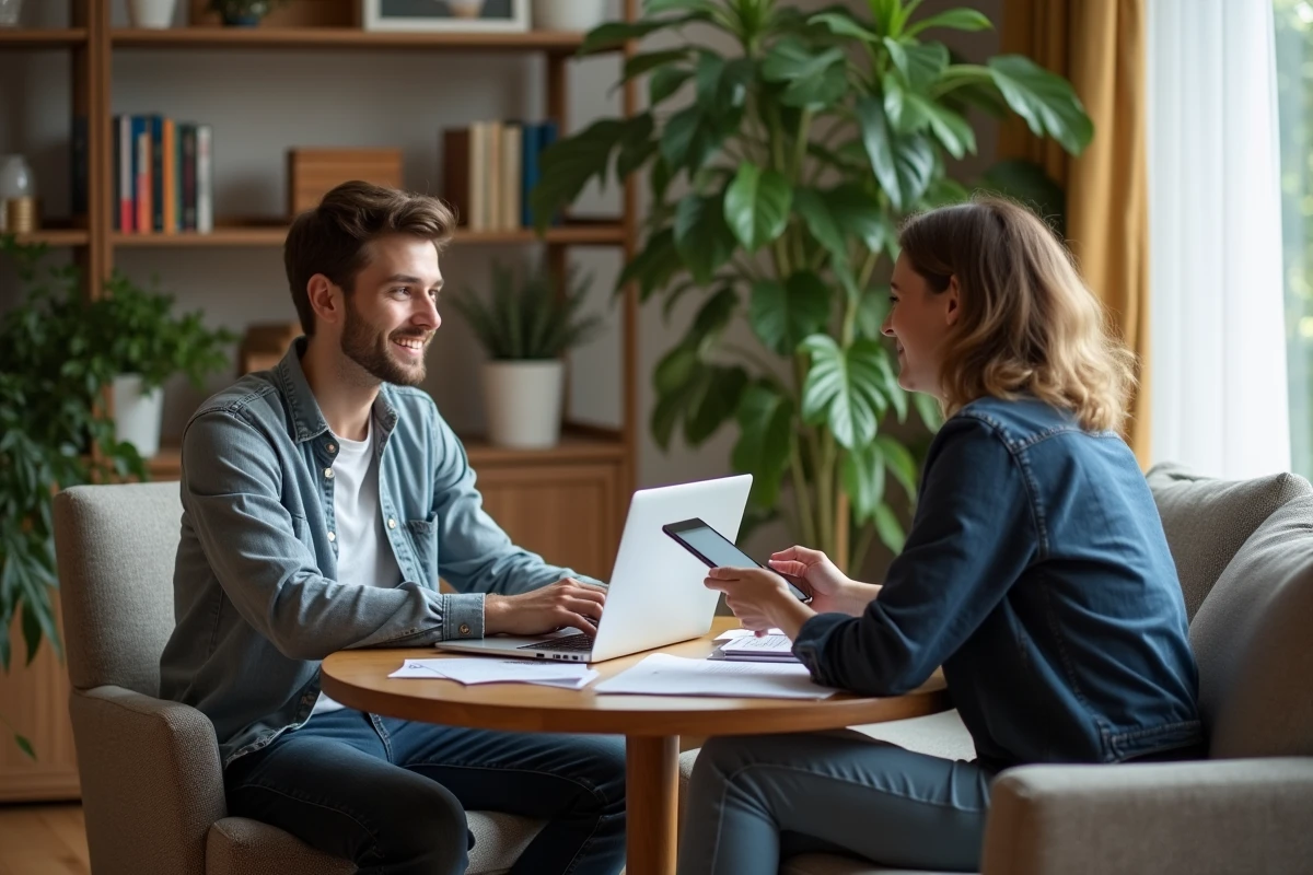 Homme discutant avec une courtière en prêt immobilier à la maison