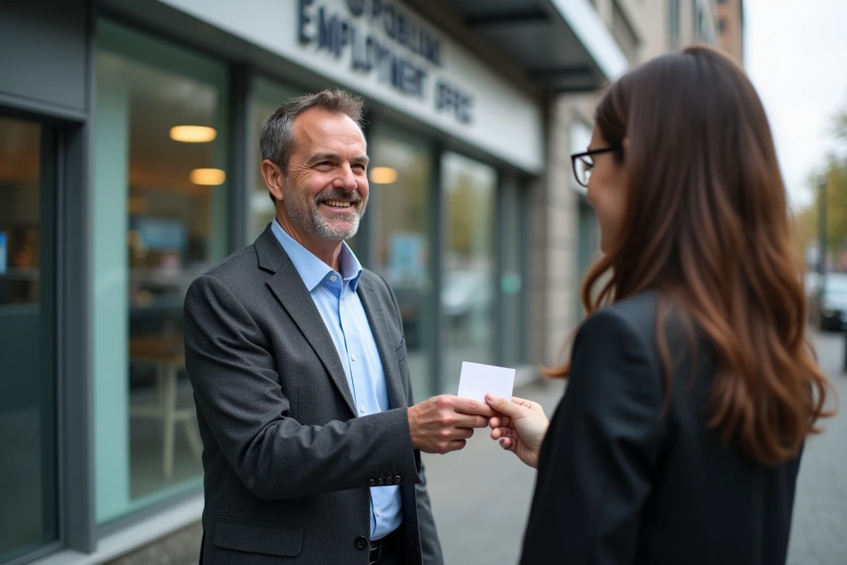 Homme confiant échange sa carte avec un conseiller en emploi