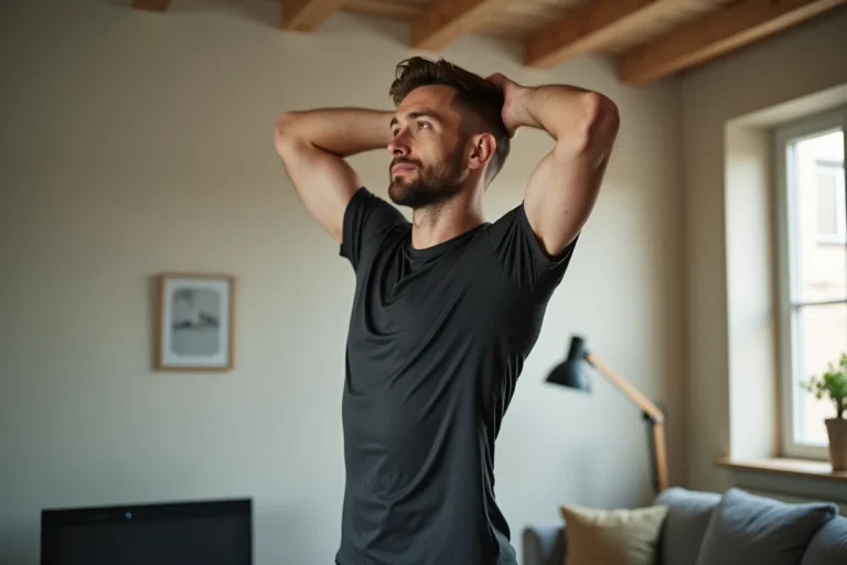 Homme en posture de traction dans un salon moderne