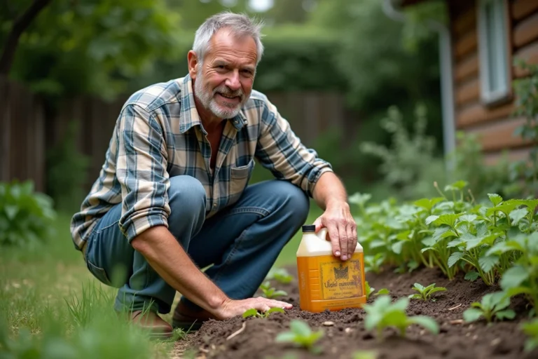 Homme d'âge moyen dans le jardin avec un conteneur de refroidissement