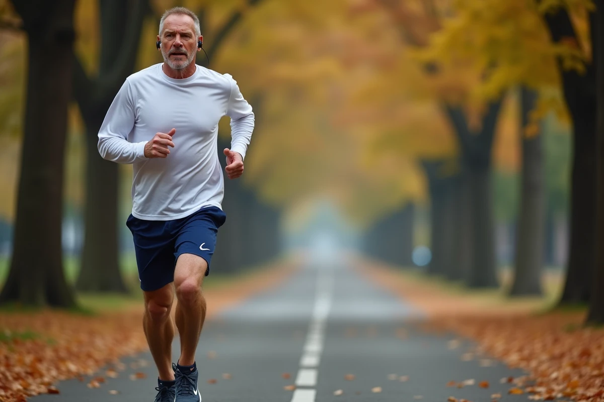 Homme en train de courir dans un parc urbain en automne entouré d'arbres aux feuilles dorées