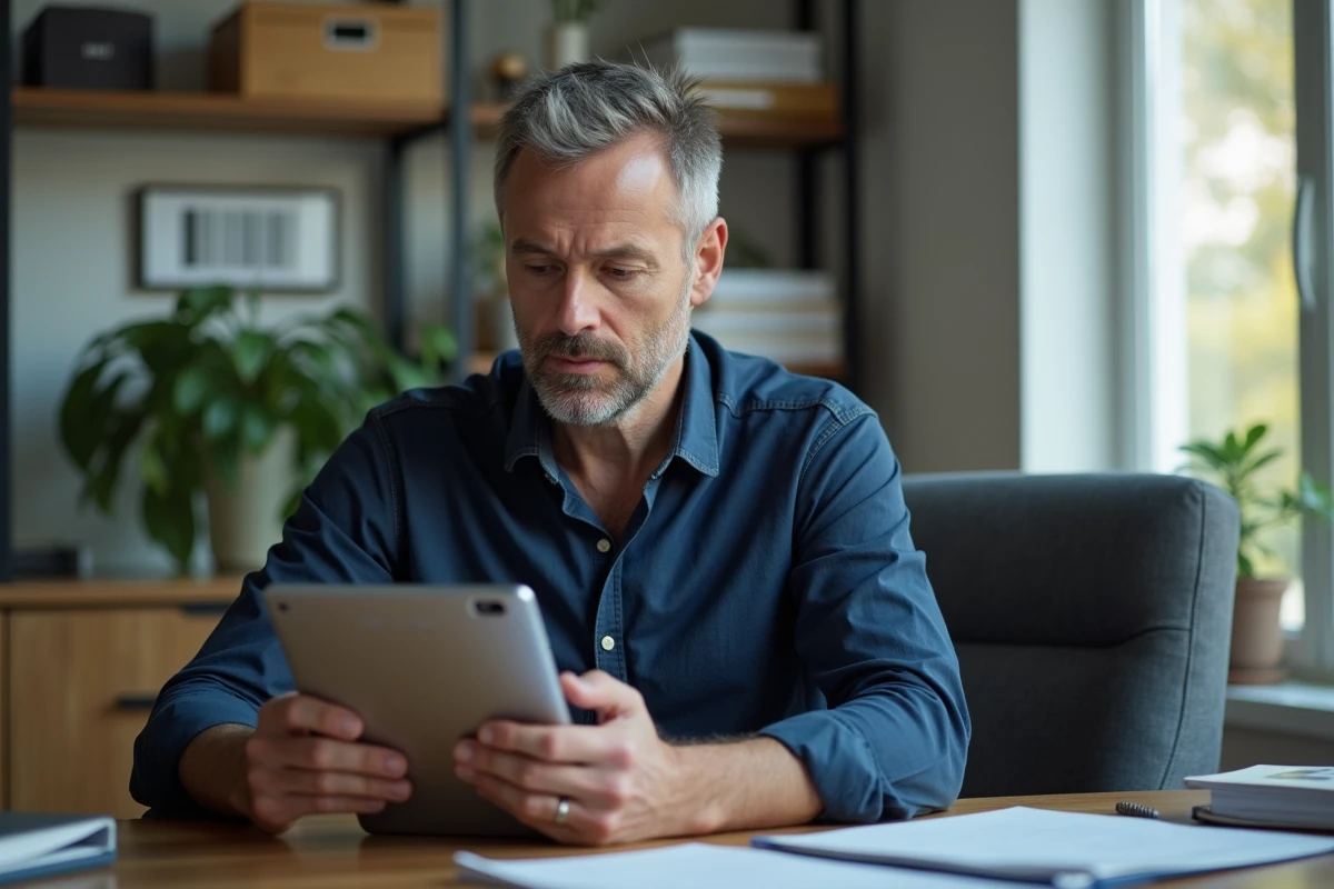 Homme concentré lisant des documents sur une tablette dans un bureau moderne