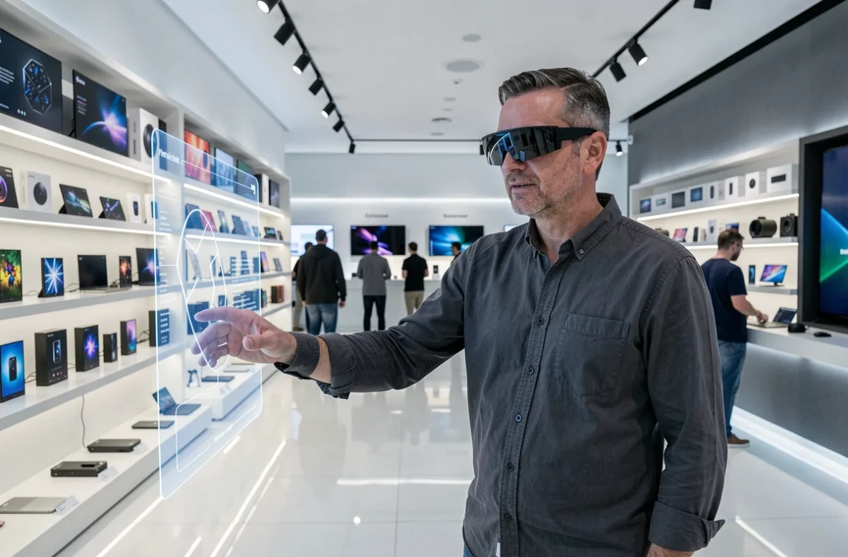 Homme testant des lunettes de réalité augmentée dans un showroom high-tech rempli de gadgets innovants