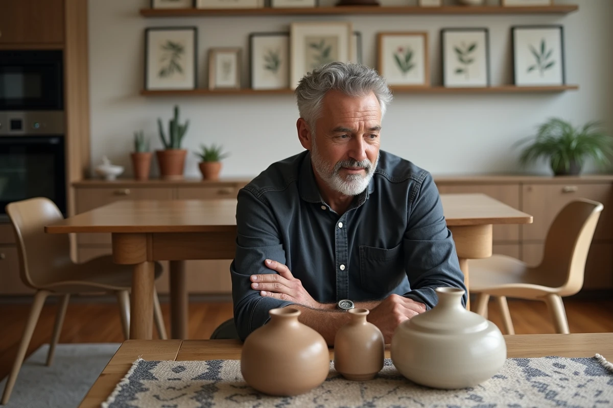 Homme étudiant des vases en céramique dans une salle à manger