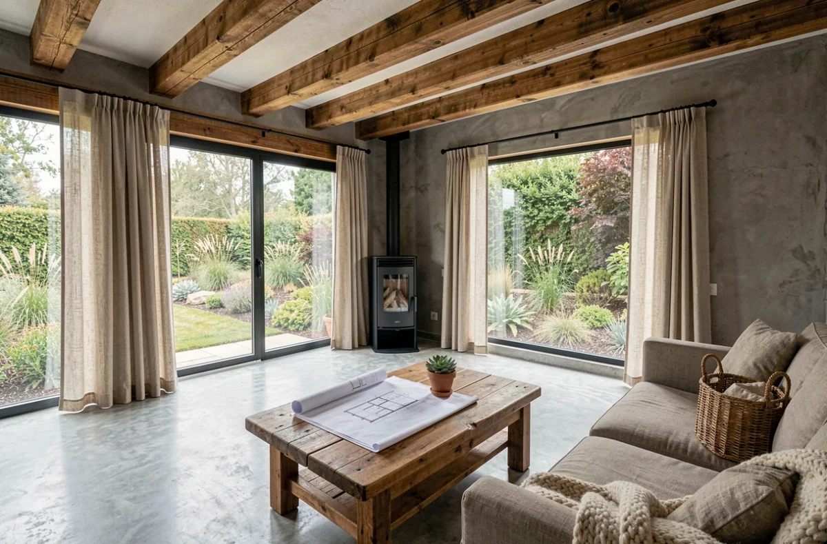 Intérieur d'une maison passive française avec poutres en bois apparentes, sol en béton poli et grandes baies vitrées bioclimatiques