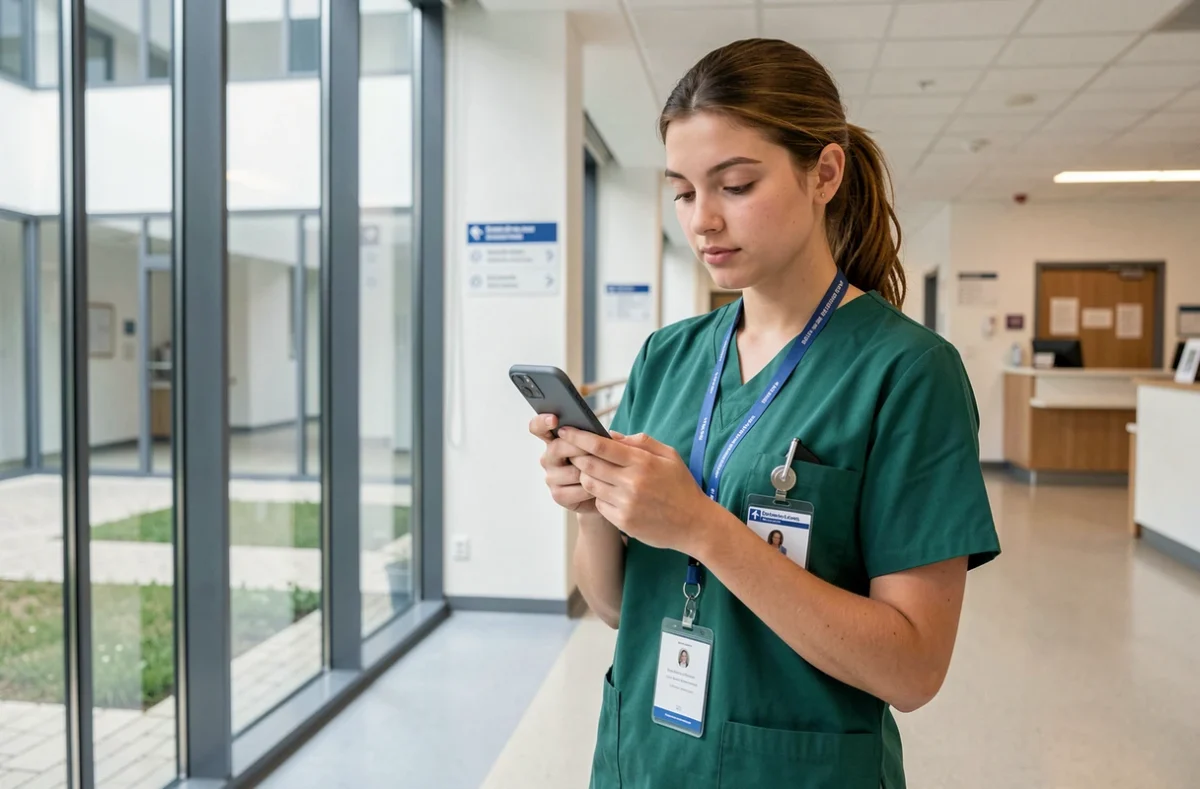 Interne en médecine consultant la messagerie sécurisée du CHU de Montpellier sur smartphone dans un couloir hospitalier