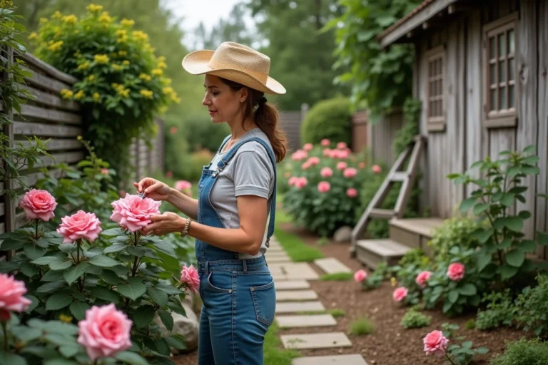 Femme d'âge moyen taillant des rosiers en jardin