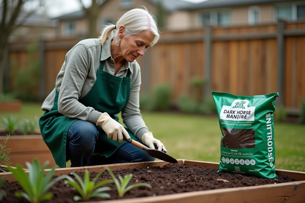 Jardinière appliquant du fumier de cheval sur un potager au printemps, sac de compost visible en arrière-plan