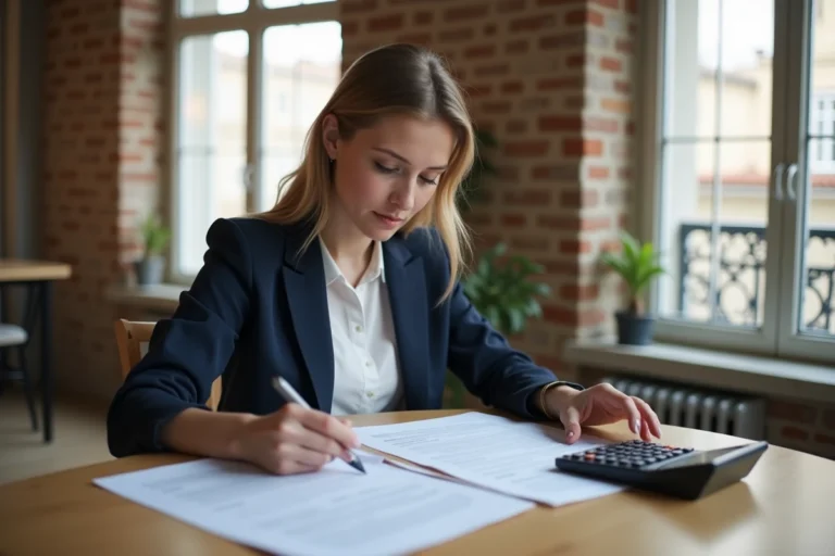 Jeune femme professionnelle examine un contrat à Lyon