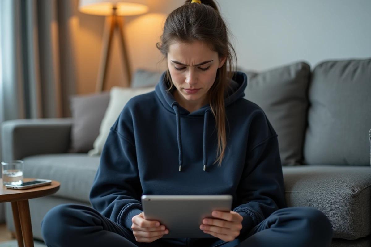 Jeune femme consultant un guide de dépannage pour résoudre son problème de connexion e-habillement sur tablette