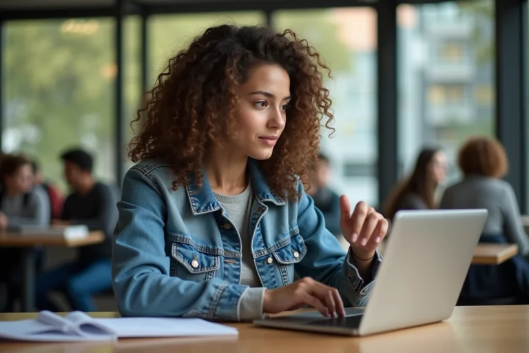 Jeune femme en étude universitaire avec ordinateur portable