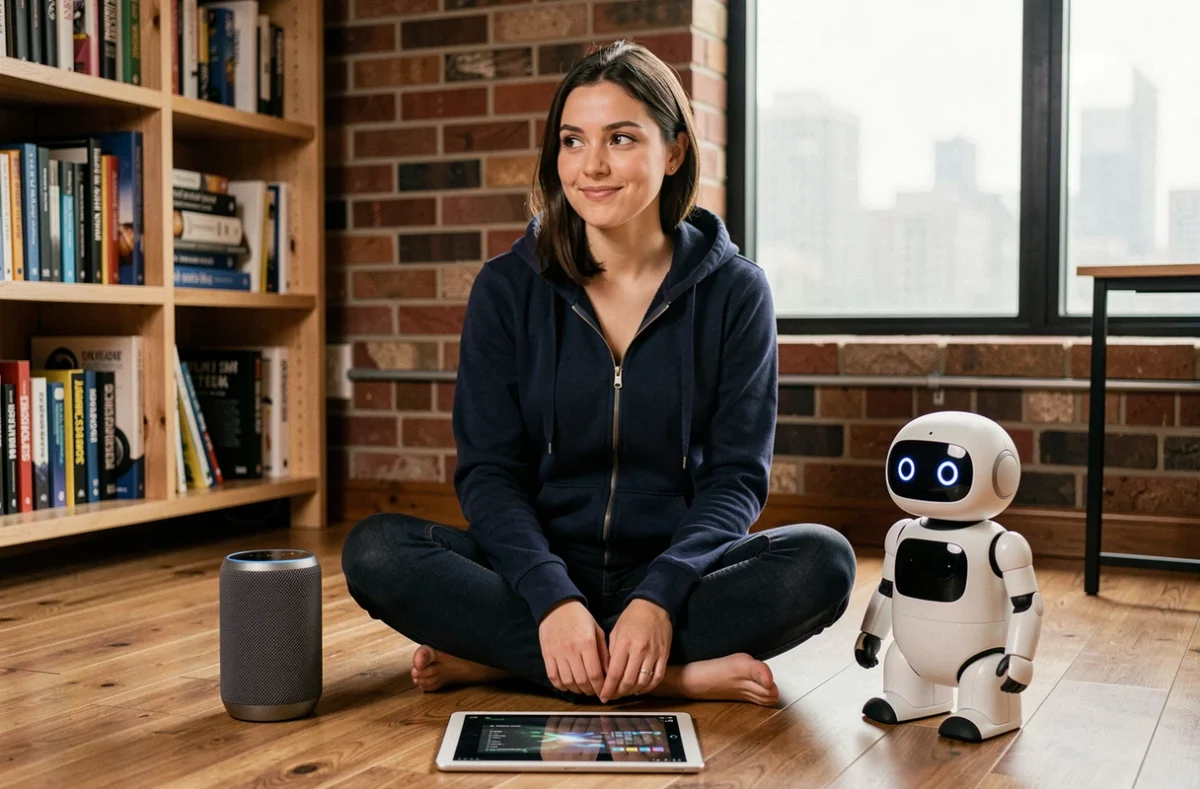 Jeune femme entourée de gadgets connectés et d'un robot IA dans un studio maison, explorant les tendances technologiques actuelles