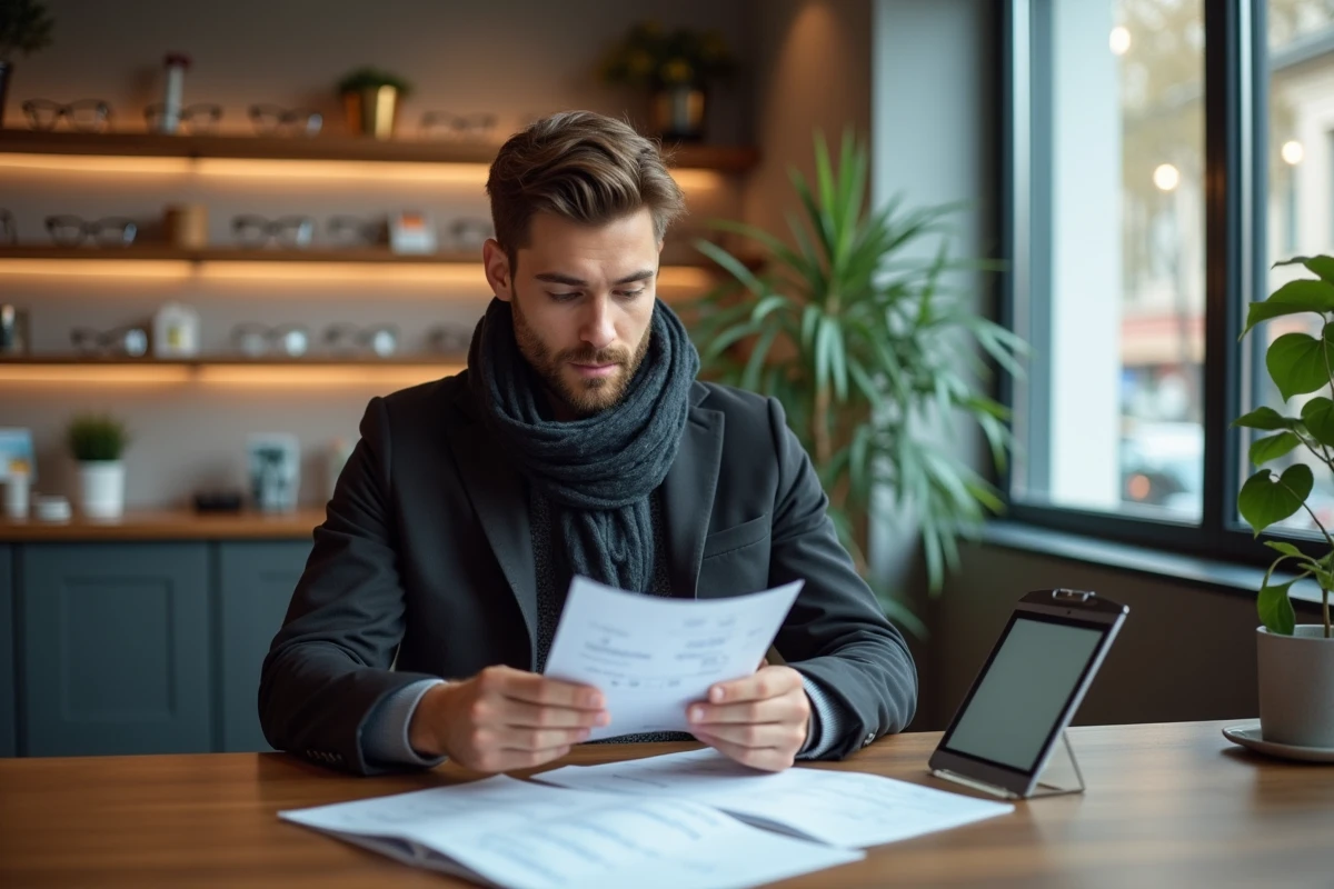 Jeune homme examinant une brochure dans un cabinet d opticien contemporain