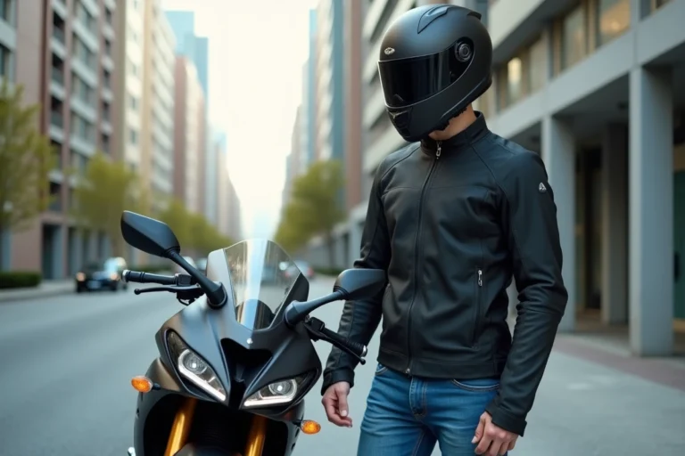 Jeune homme ajustant son casque moto en ville