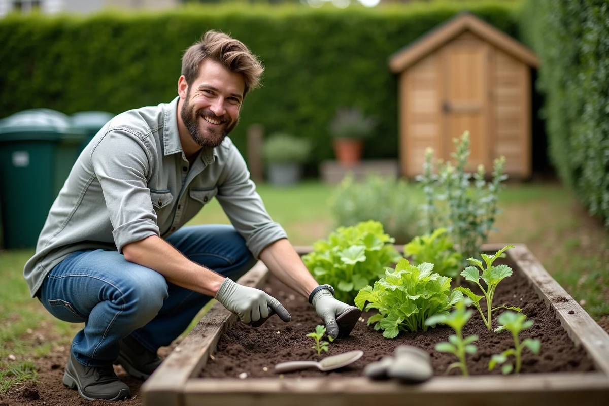 Jeune homme plantant des semis dans un jardin potager