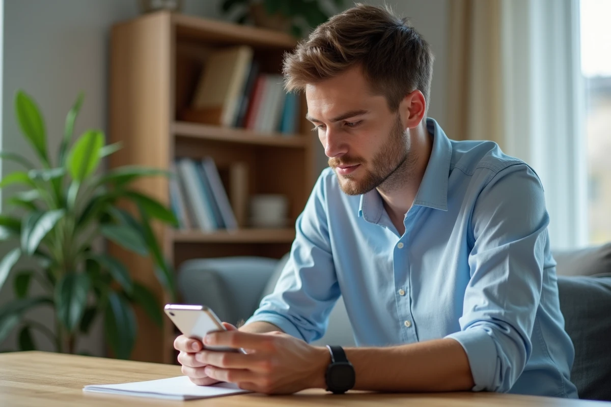 Jeune homme regardant son smartphone dans un salon lumineux