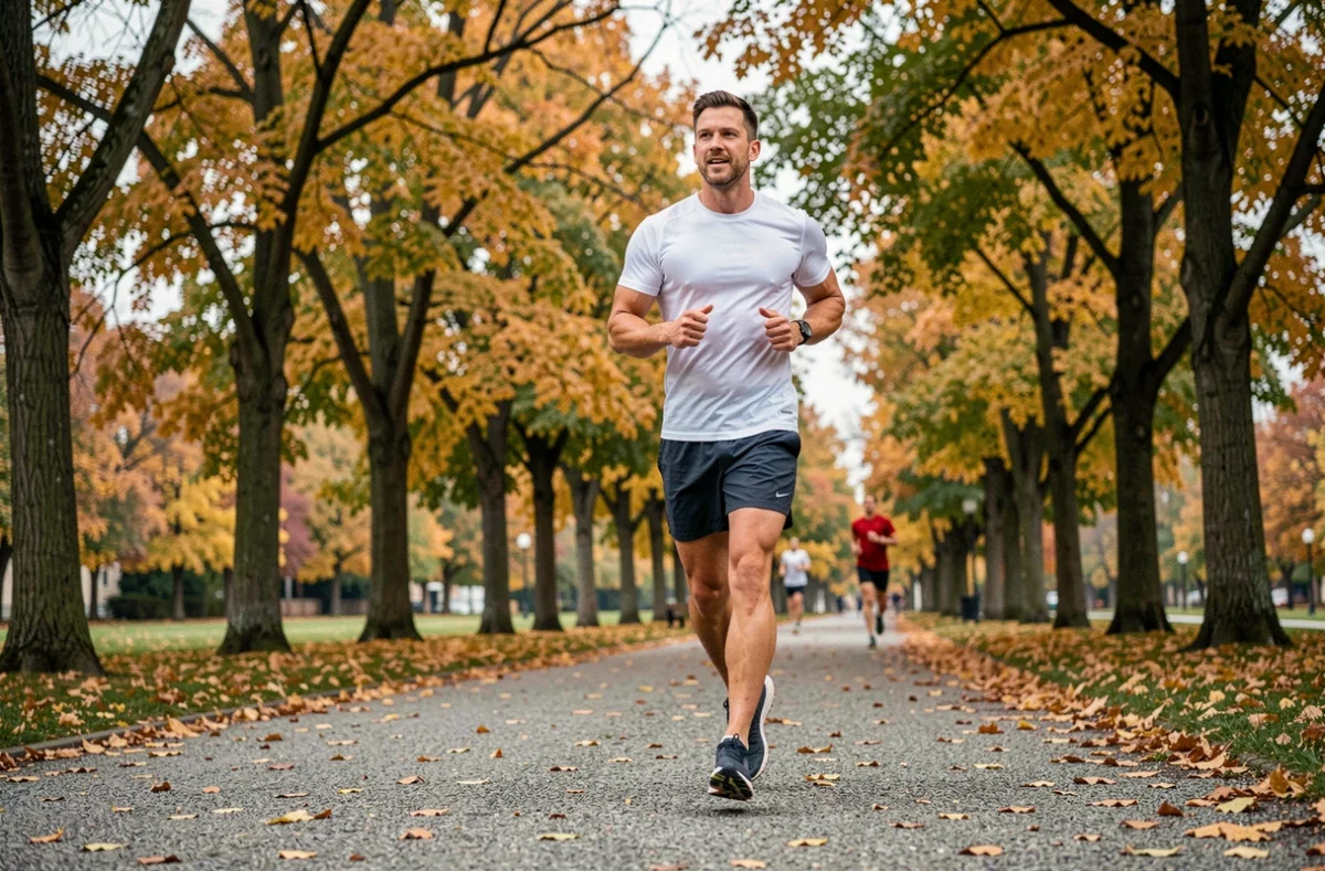 Homme faisant du jogging dans un parc urbain en automne pour préserver sa santé physique et mentale