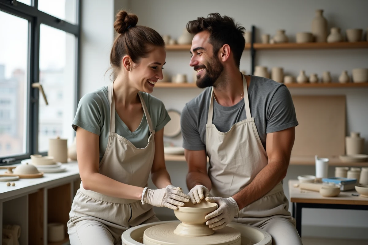 Deux amis découvrant la poterie dans un atelier urbain moderne, loisir créatif tendance pour se divertir