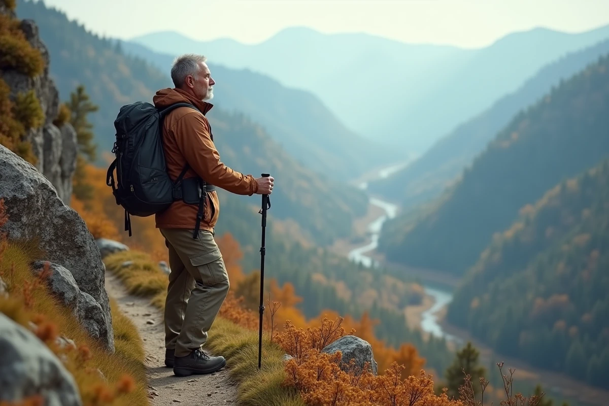 Homme en randonnée pédestre sur un sentier montagneux en automne, loisir de plein air tendance toute l'année