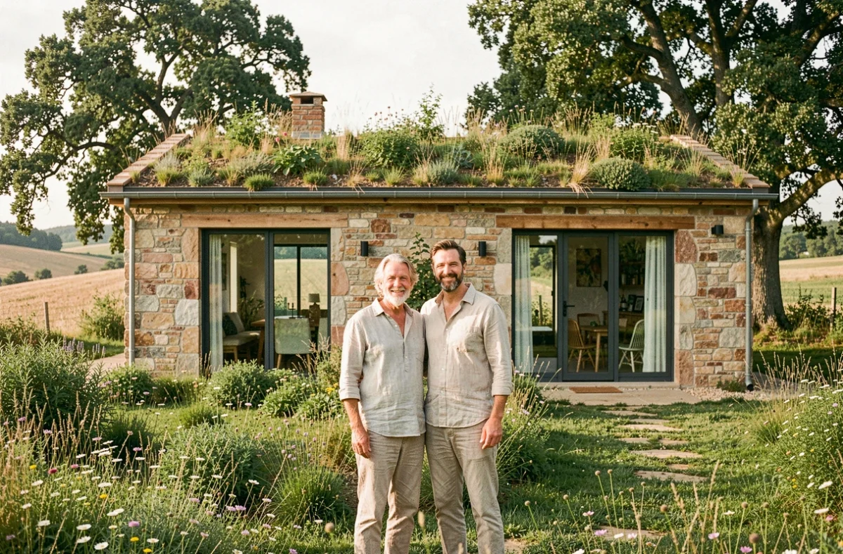 Couple devant une maison écologique en pierre avec toit végétalisé dans la campagne française