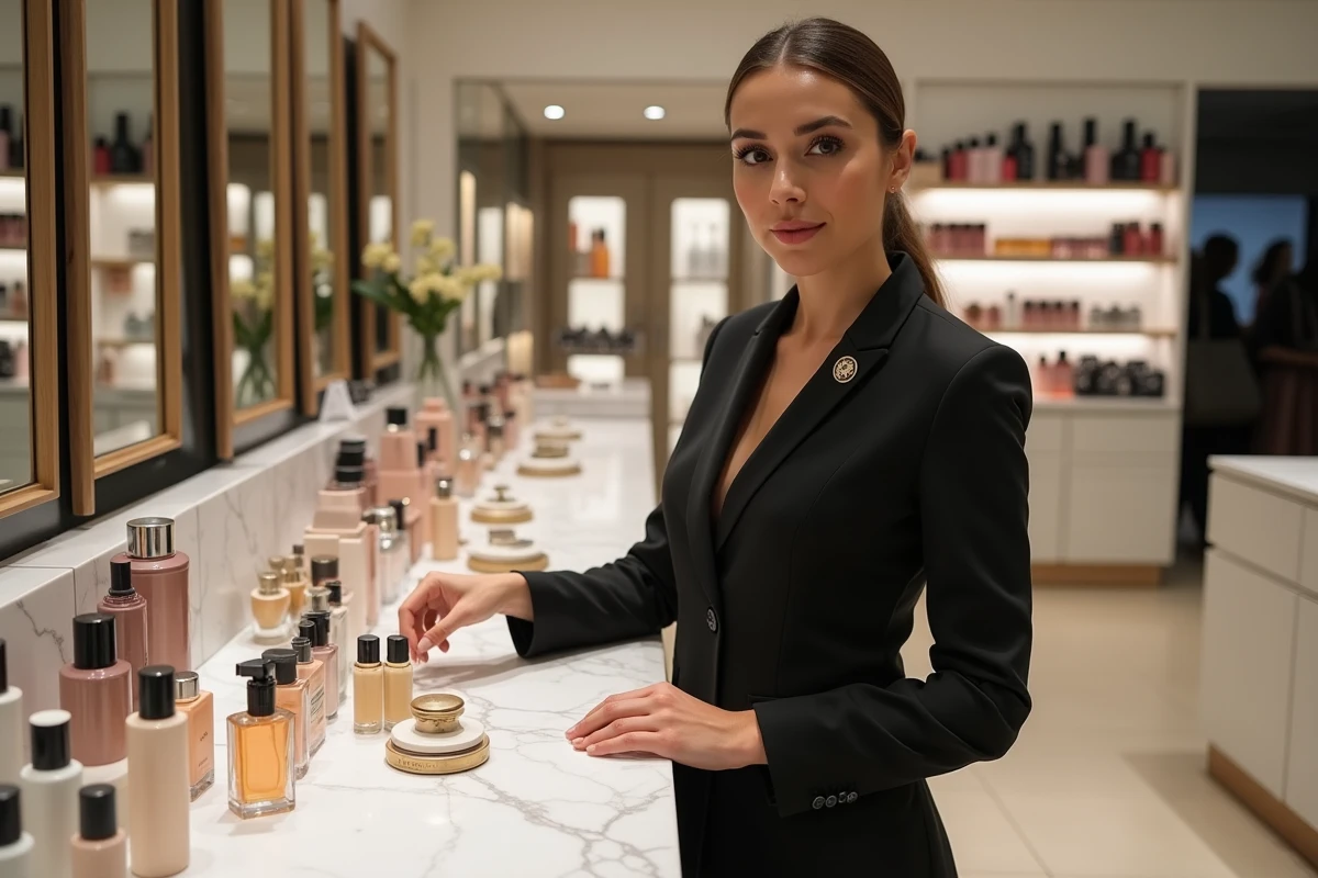 Conseillère beauté dans un grand magasin présentant des produits de parfumerie et de soins de marques concurrentes à Adopt
