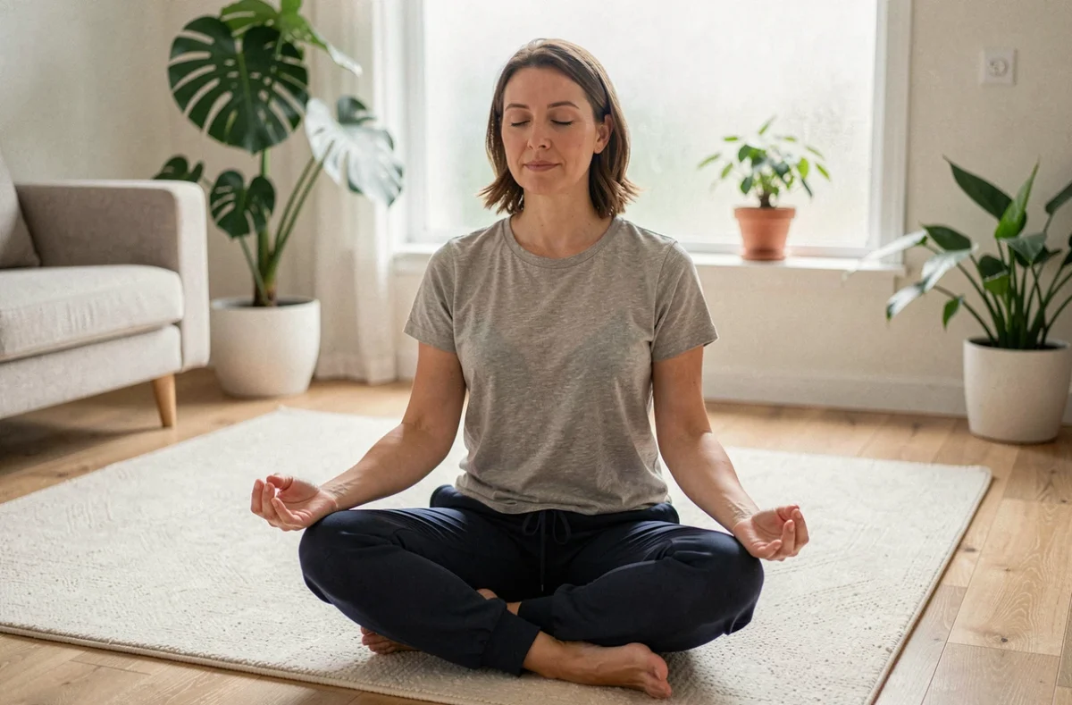 Femme pratiquant la méditation en pleine conscience dans un salon minimaliste scandinave pour améliorer son bien-être quotidien