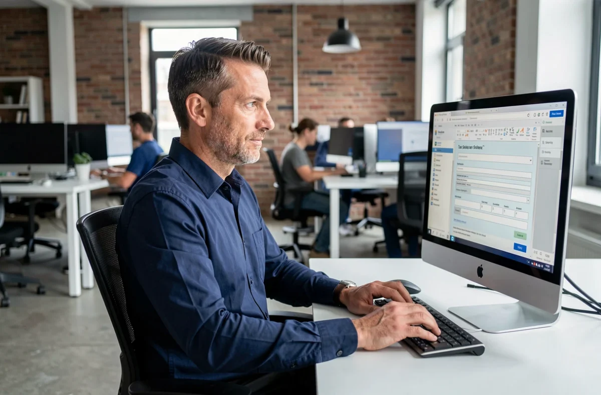 Homme en train de mettre à jour sa situation fiscale sur impots.gouv dans un espace de coworking