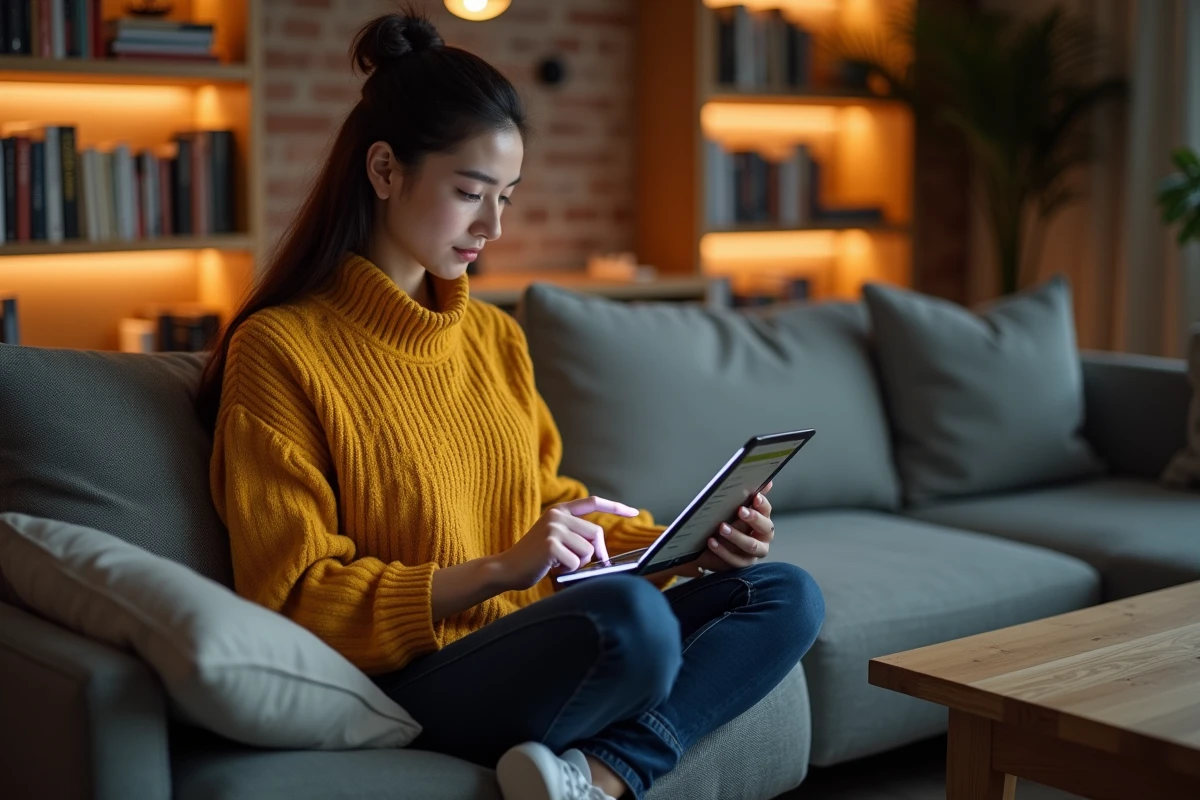 Jeune femme paramétrant son compte webmail sur une tablette depuis son salon à domicile