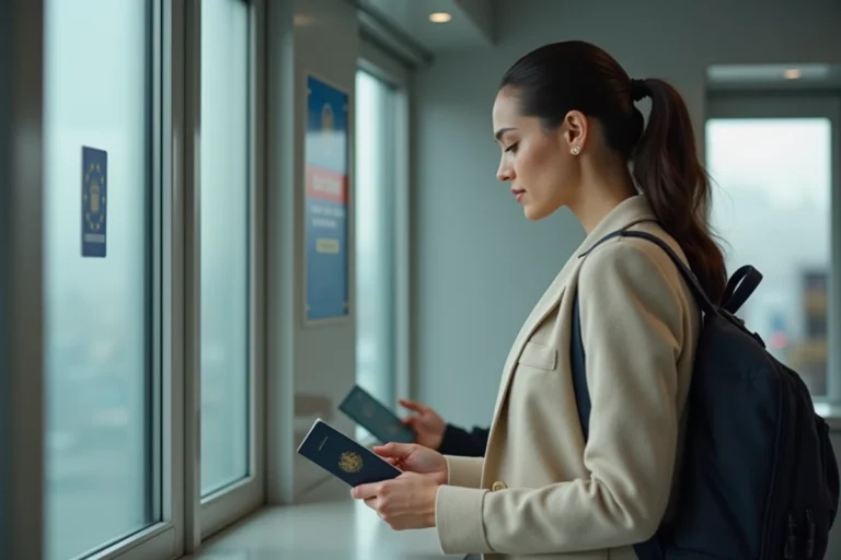 Femme présentant son passeport à un poste de contrôle frontalier à Gibraltar