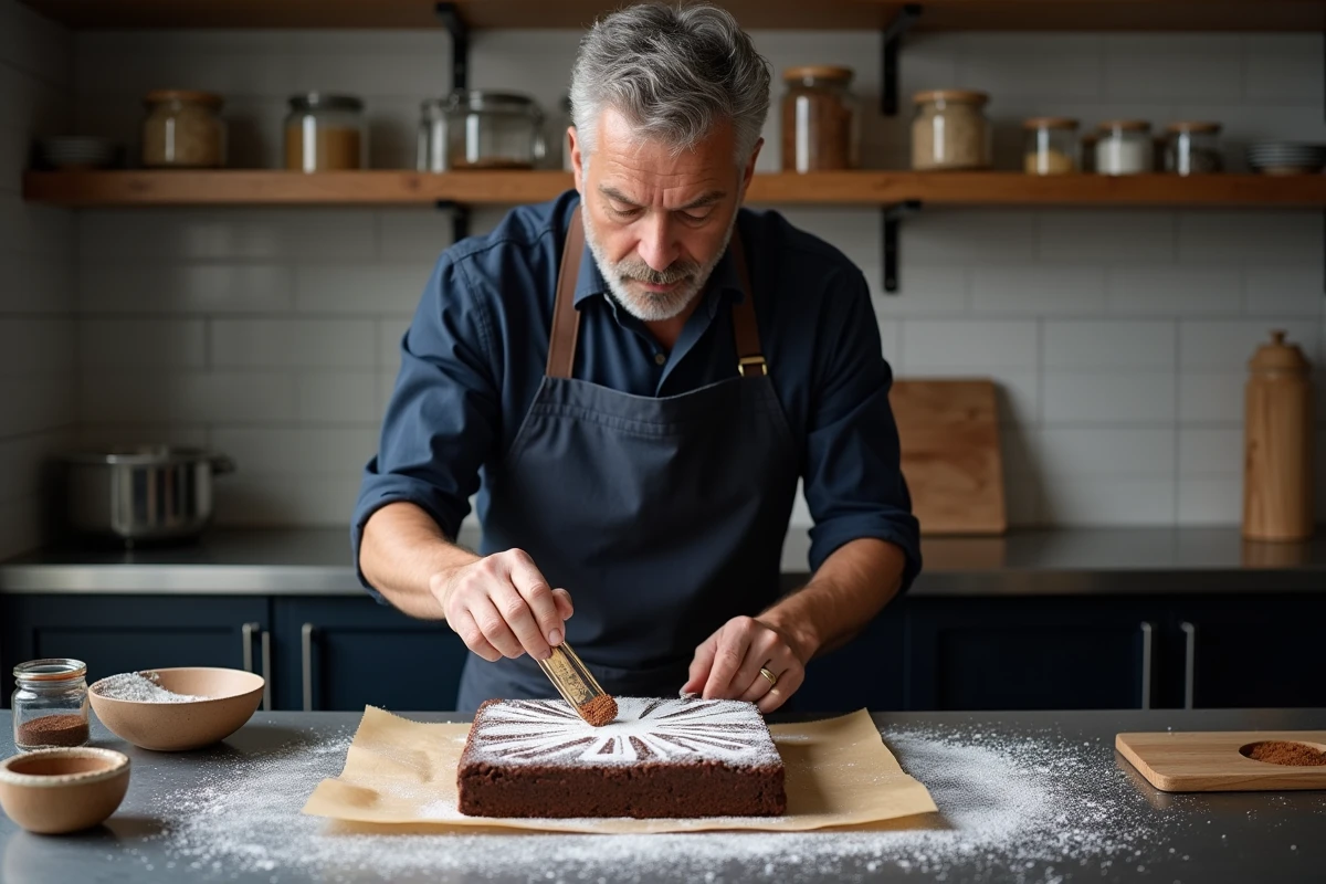 Homme utilisant un pochoir pour dessiner un motif en sucre glace sur des brownies maison dans une cuisine semi-professionnelle
