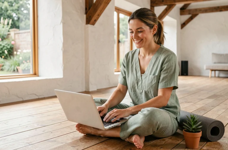 Femme souriante en tenue de yoga envoyant un email de contact depuis un studio de yoga lumineux et minimaliste