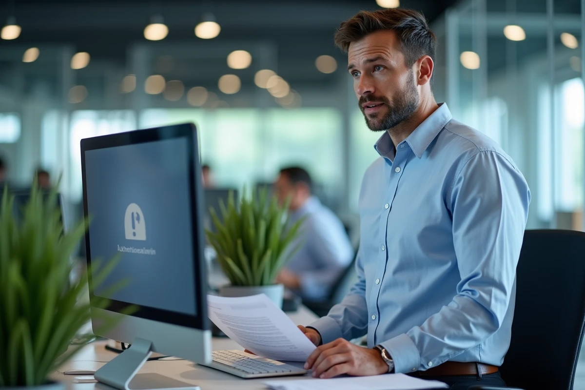 Professionnel masculin tentant de résoudre une erreur de connexion au portail e-habillement en entreprise