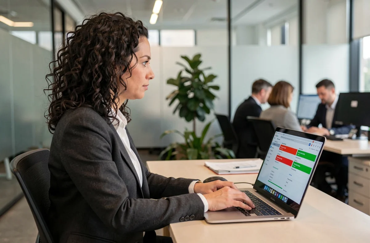 Professionnelle en cybersécurité effectuant un audit de sécurité informatique sur son ordinateur portable en open space