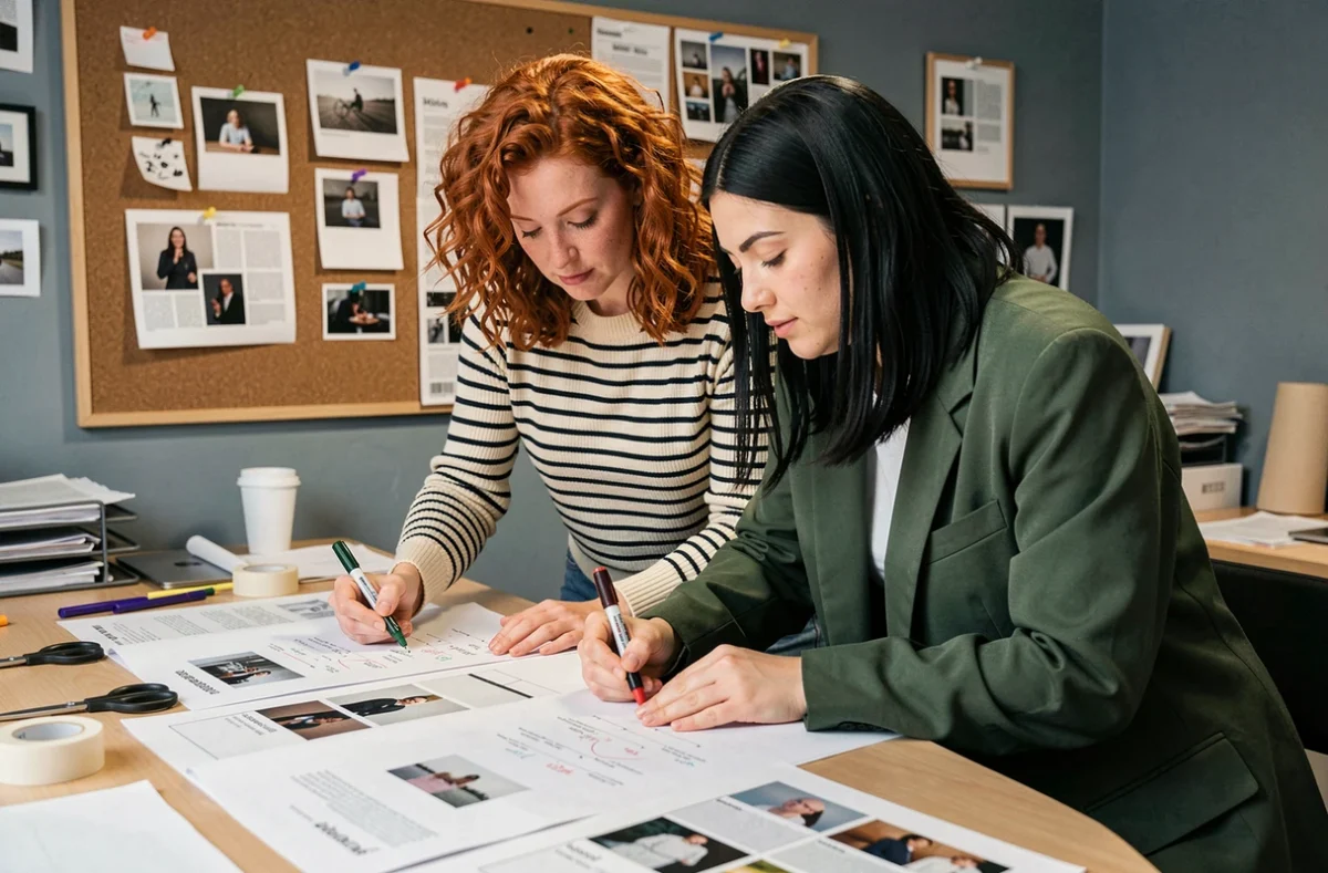 Deux rédactrices d'un magazine indépendant travaillant sur une maquette imprimée dans un bureau éditorial créatif