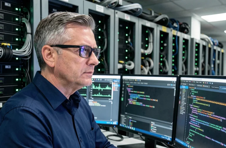Responsable informatique analysant des tableaux de bord de sécurité réseau dans une salle de serveurs d'entreprise moderne