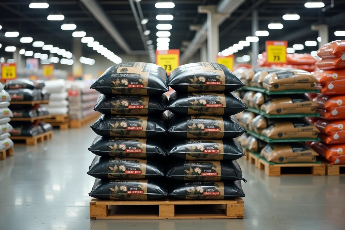 Sacs de fumier de cheval en vente sur palette dans un magasin discount type Lidl avec étiquette de prix