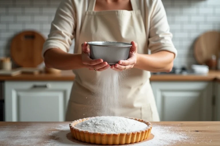 Femme saupoudrant du sucre glace sur une tarte maison avec une passoire fine dans une cuisine rustique