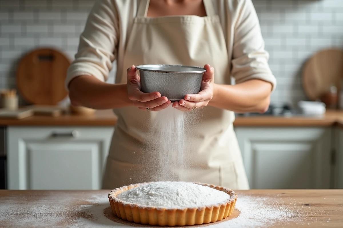 Femme saupoudrant du sucre glace sur une tarte maison avec une passoire fine dans une cuisine rustique