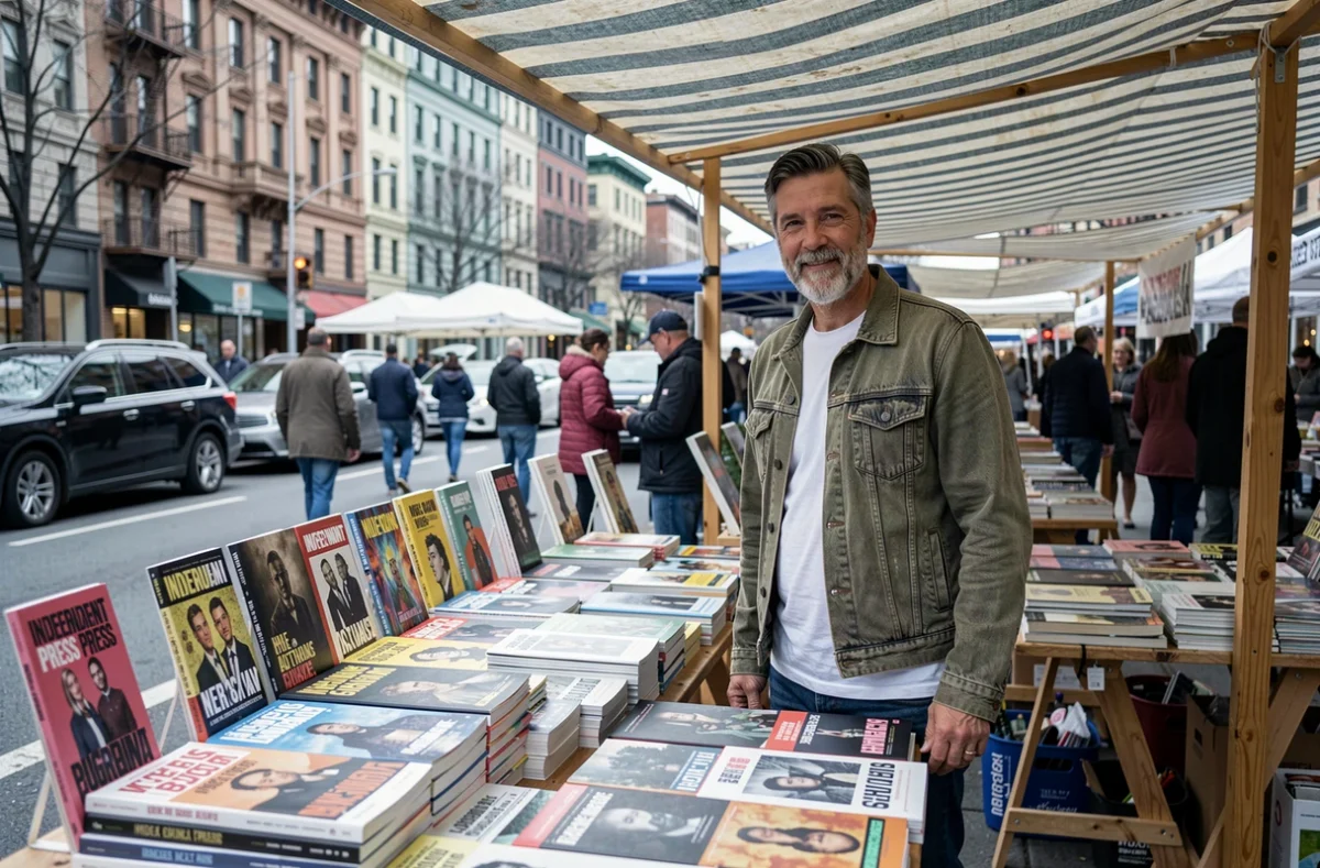Vendeur de presse indépendante à un stand de marché urbain proposant des zines et journaux alternatifs