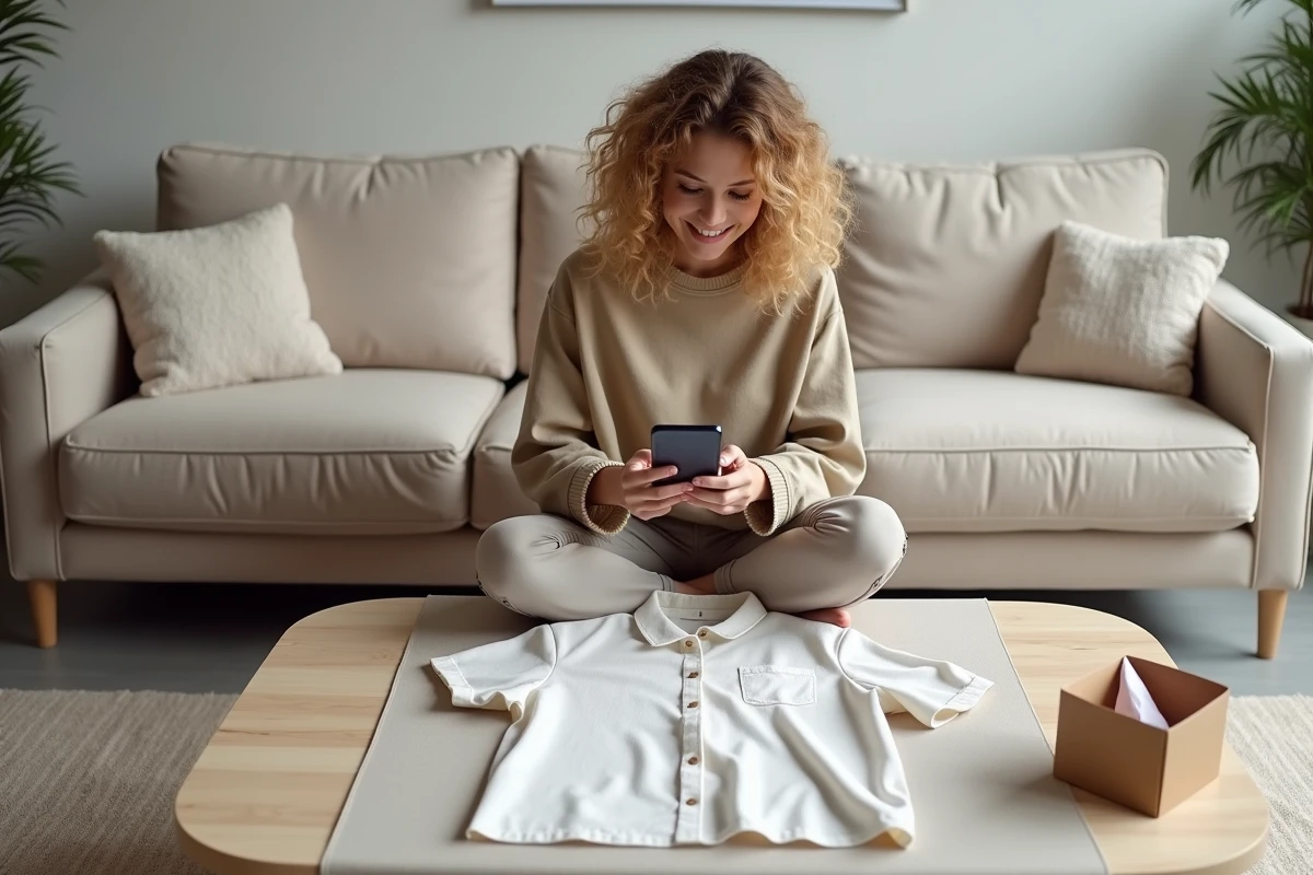 Jeune femme photographiant des vêtements pour les vendre sur une plateforme en ligne